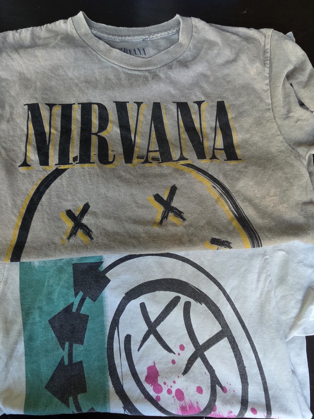 NIRVANA  & BLINK 182 Kids Graphic Tee in Tan, Gray with Teal & Pink Accents